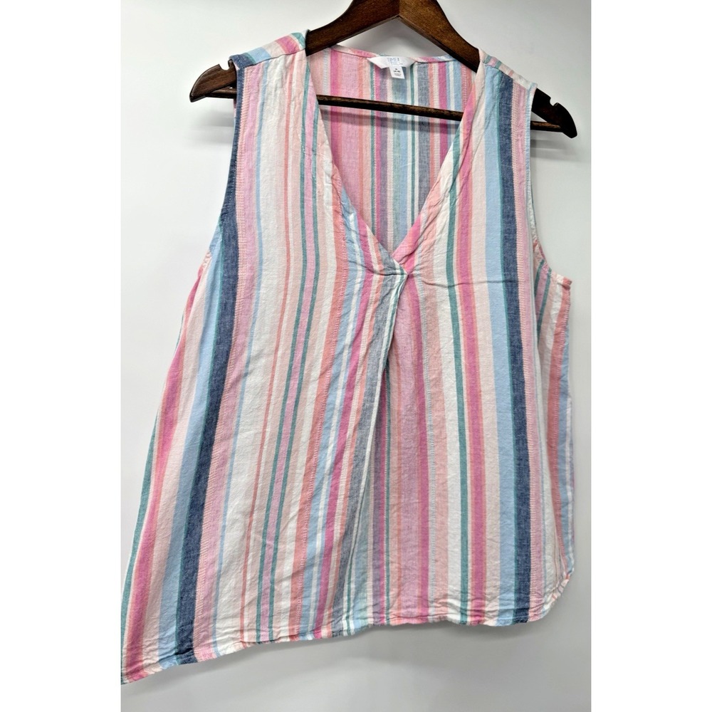 Striped Sleeveless Woven Tank linen‎ beachy boho resort vacation light S pink